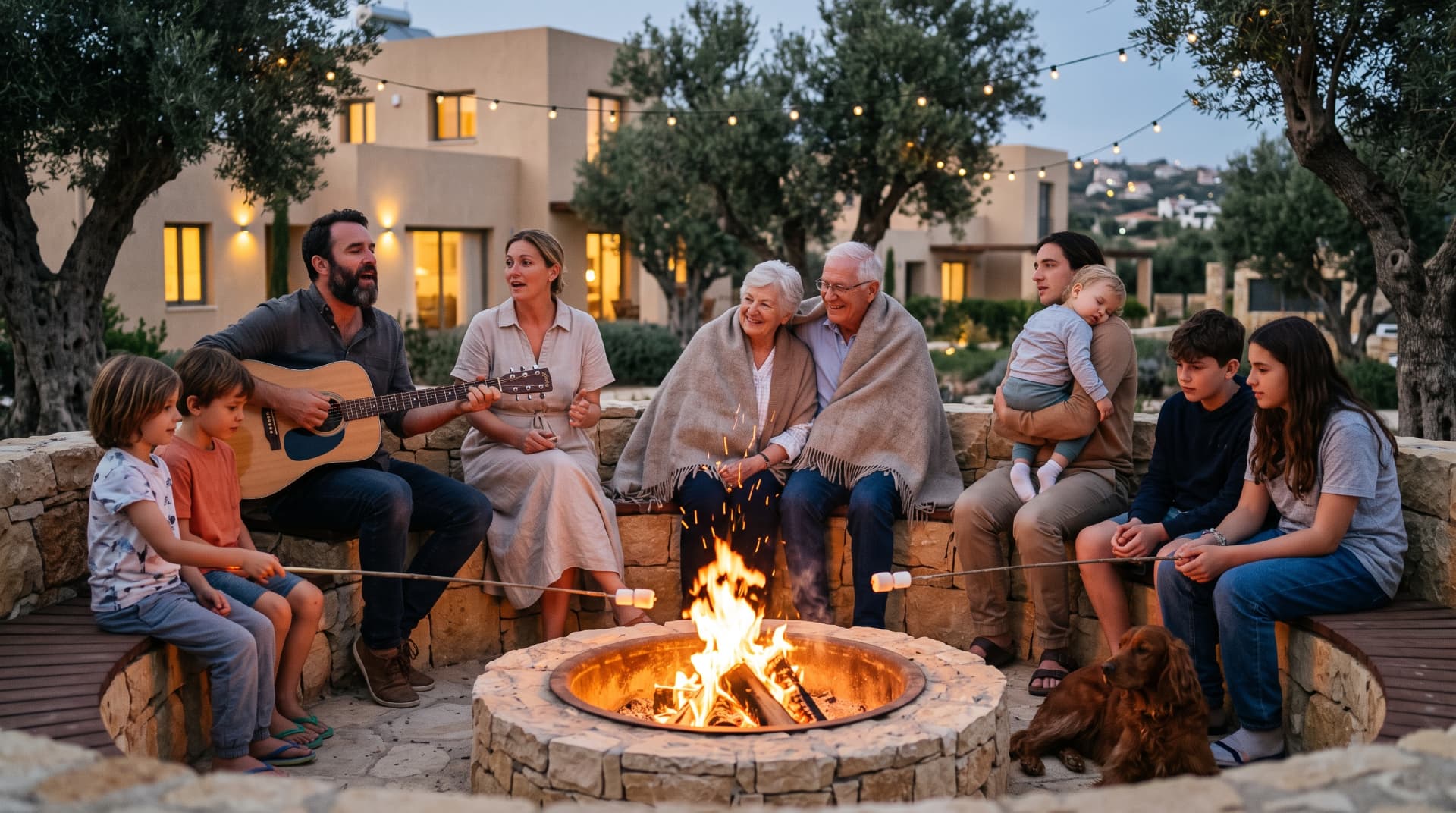 Children, parents and grandparents gathering around a fire pit with a guitar and marshmallows