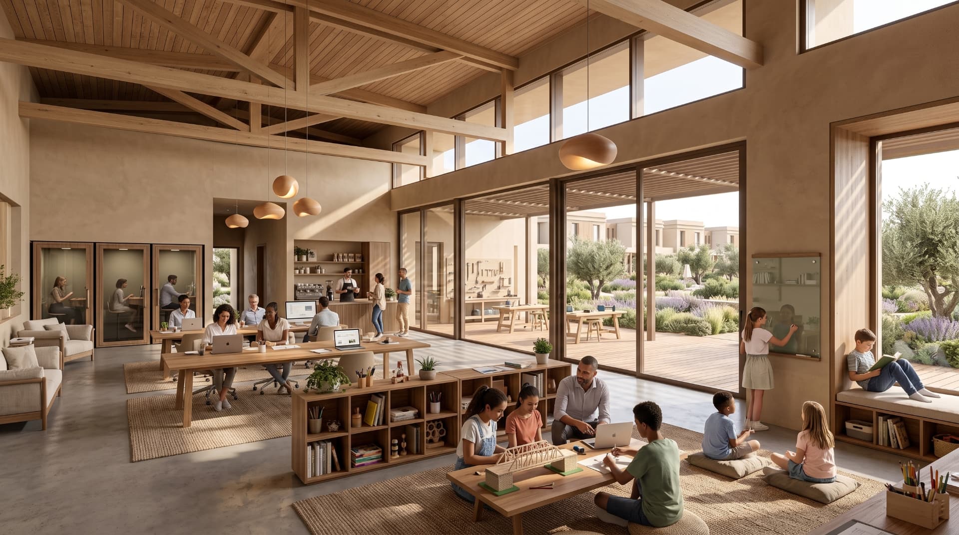 A light-filled learning hub with children working on projects alongside mentors and residents