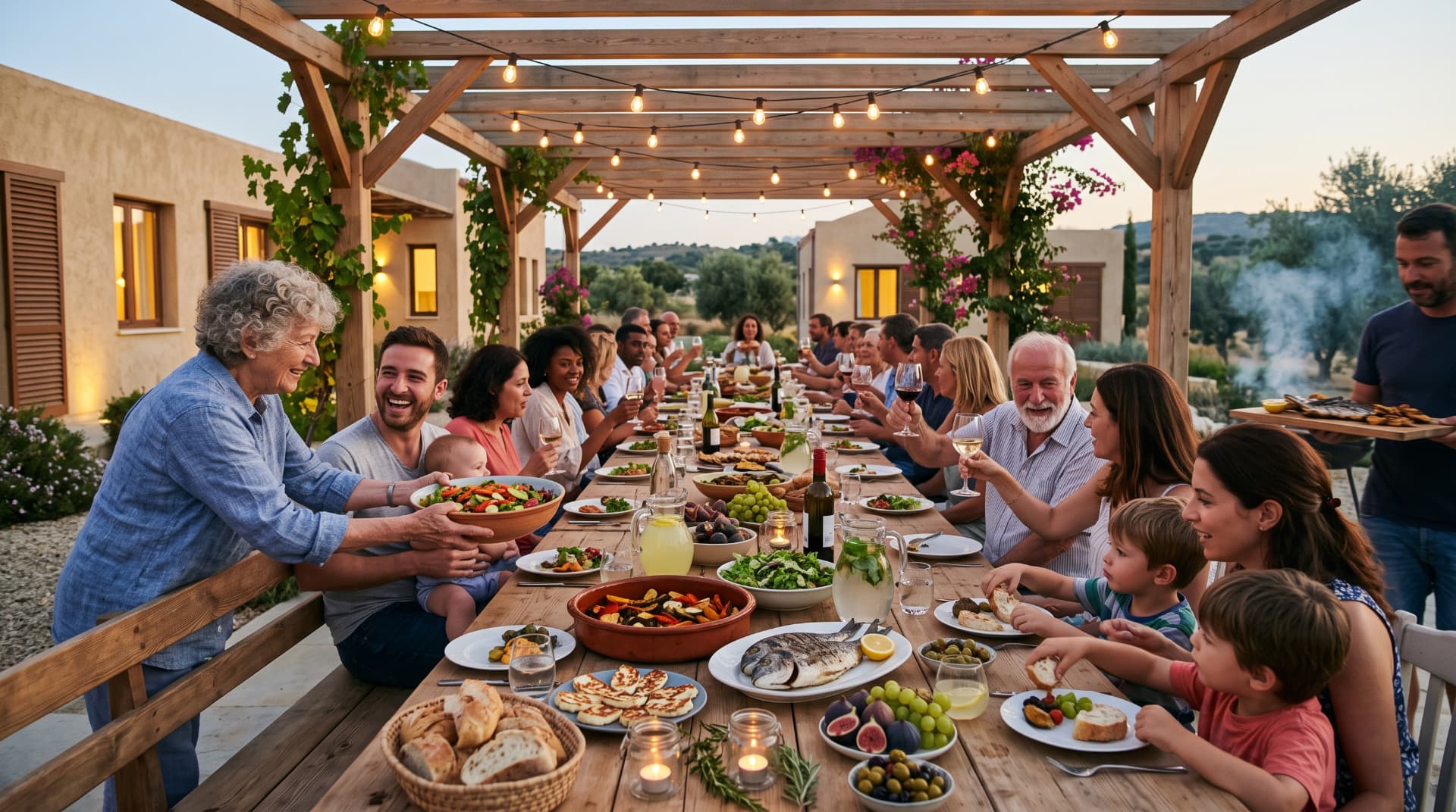 Neighbours sharing dinner at a long outdoor table