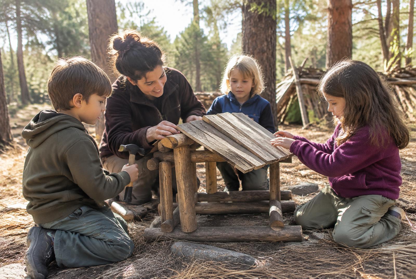 Children building with wood in a forest alongside a mentor