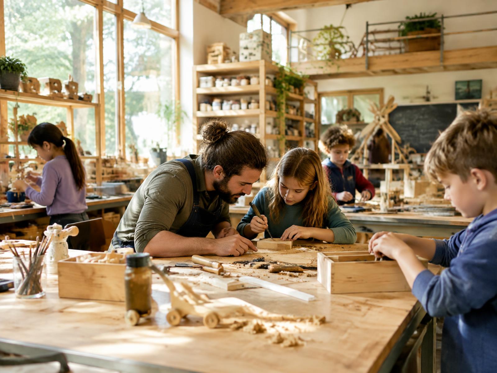 Children and a mentor building wooden projects together in a sunlit village makerspace